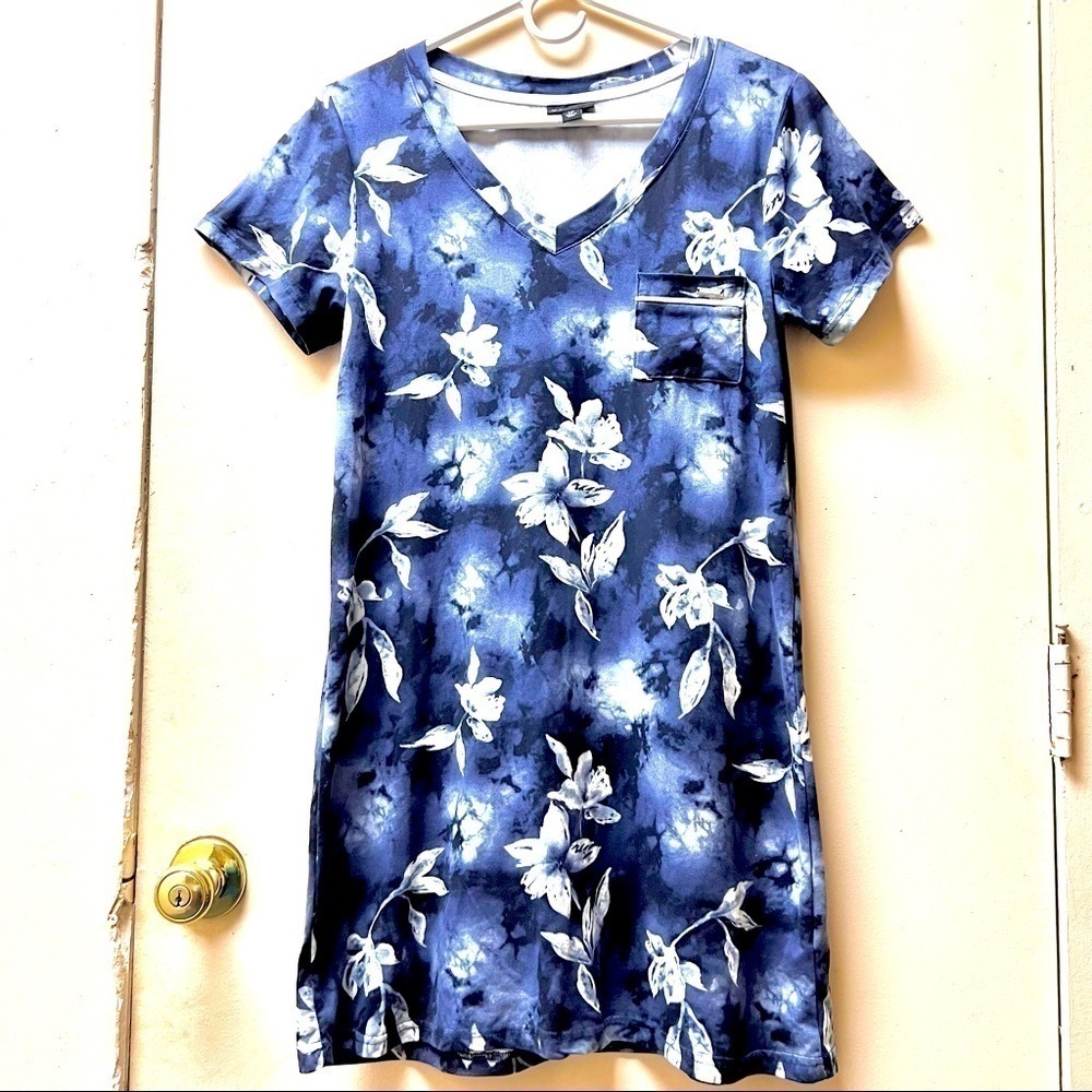 TAHARI Navy floral tie dyed summer V-neck shirt dress soft womens size S